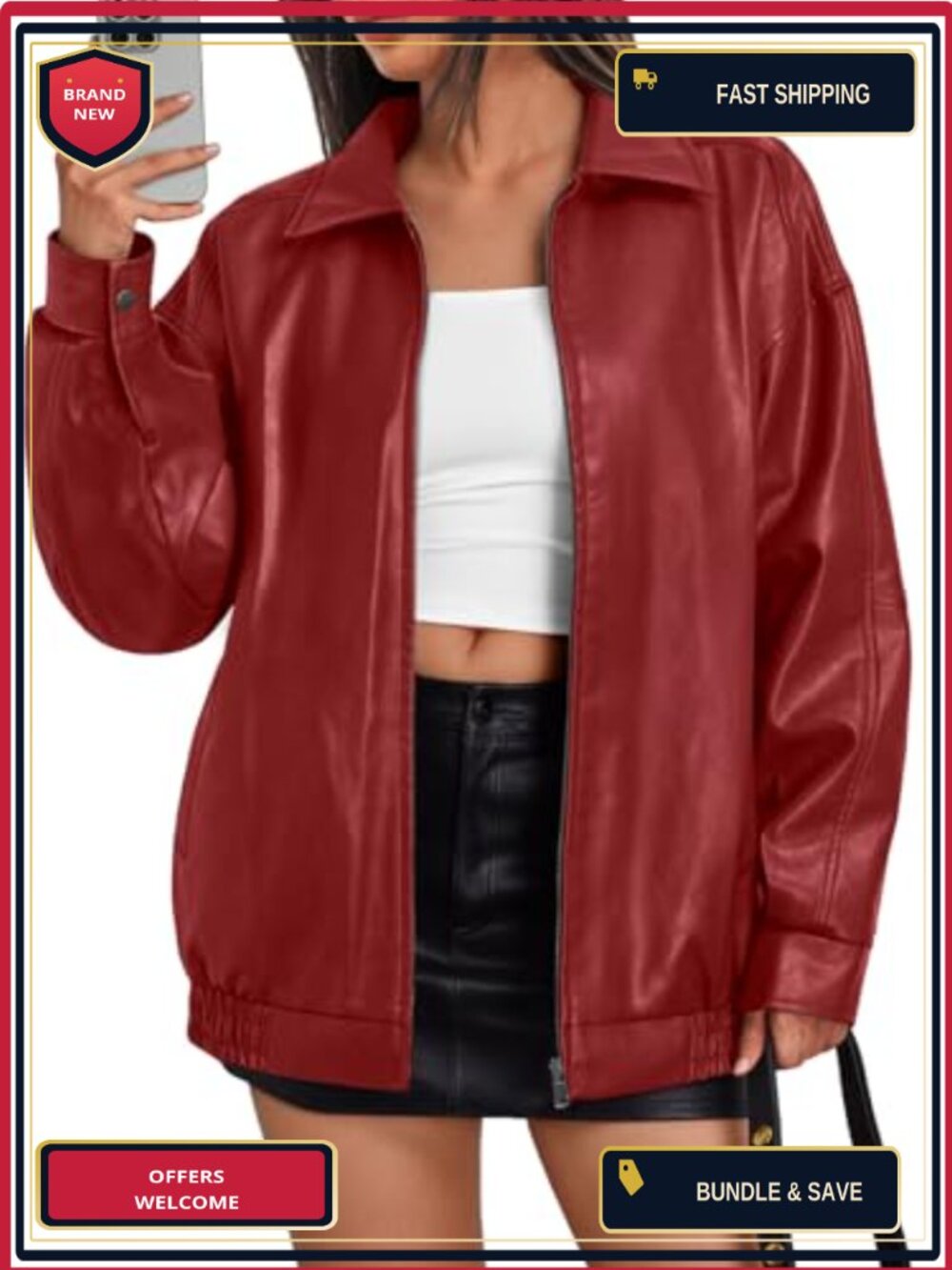 Women's Oversized Vegan Leather Moto Bomber Jacket Fall Winter